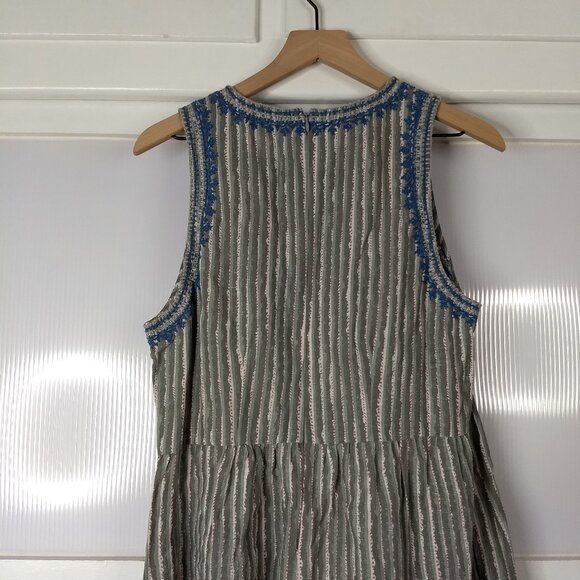 Voloshin Striped Embroidered Detail Shift Midi Dress Linen Cotton Blend Sz Large - Picture 6 of 15